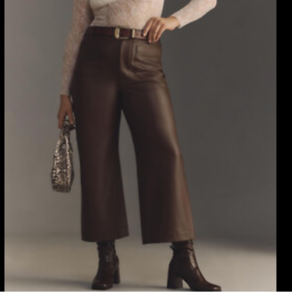 Anthropologie Maeve The Colette wide leg faux leather pants brown size 34